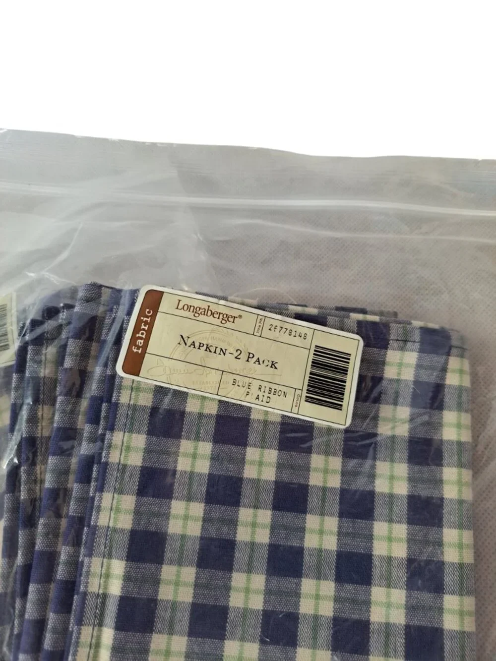 Longaberger Set Of 2 Blue Ribbon Plaid Fabric Napkins